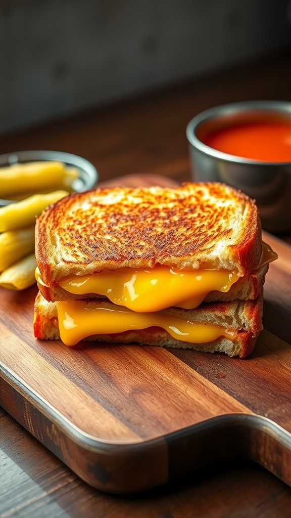 Grilled cheese sandwich with melted cheese and crispy bread, served with pickles and tomato soup.